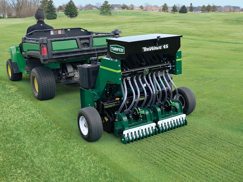 Rear Left of Turfco Triwave Overseeder