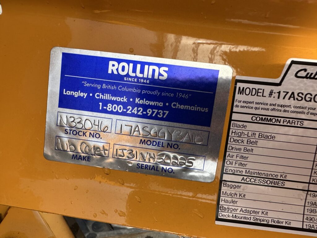 Serial Number Tag of Cub Cadet Mower