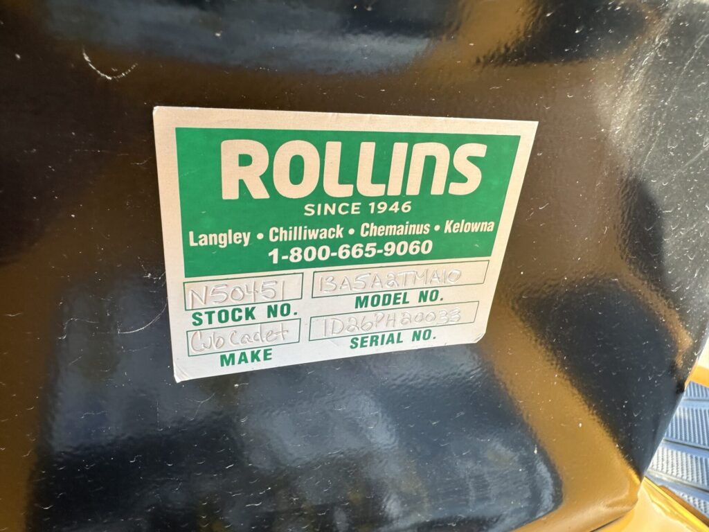 Serial Number Tag of Cub Cadet Mower